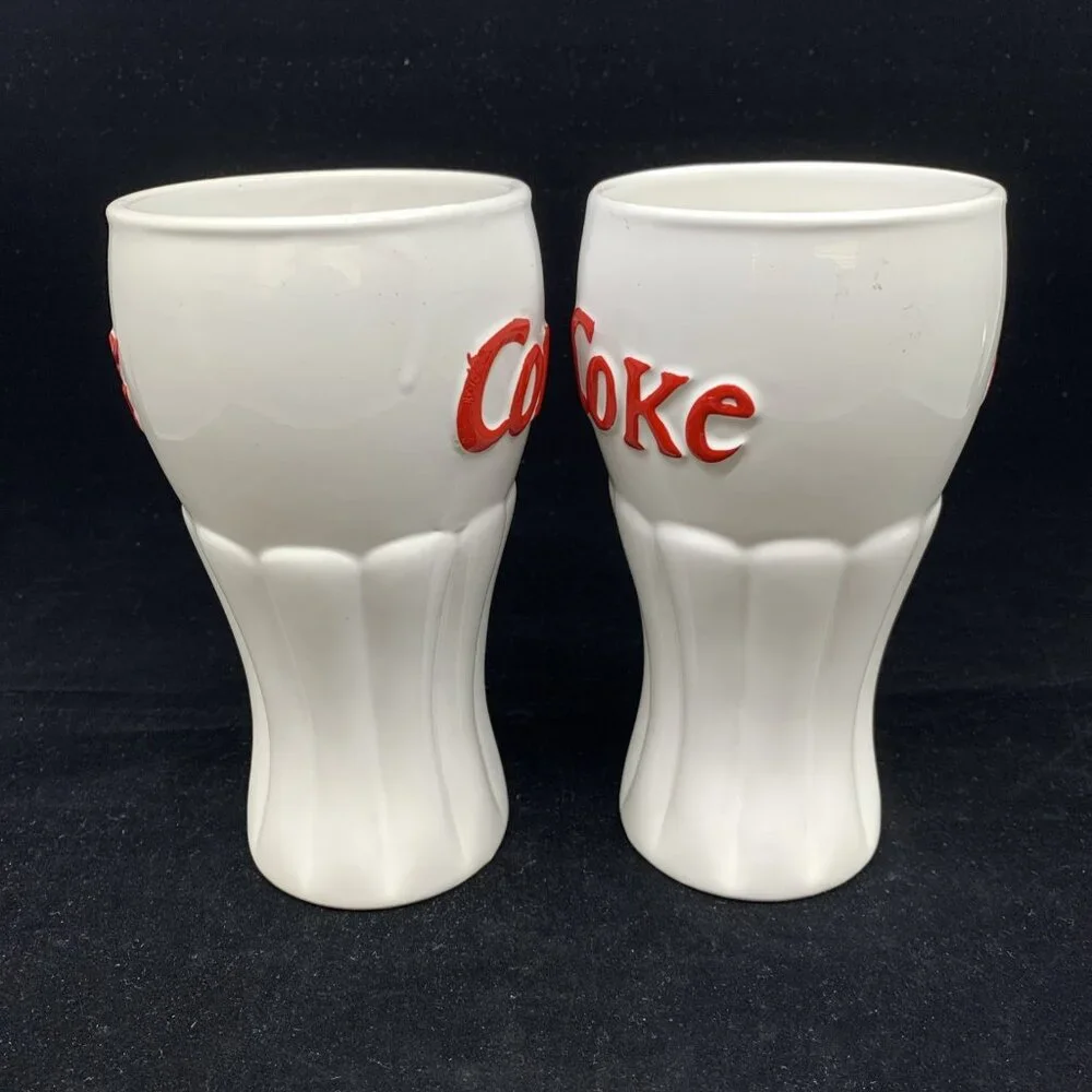 2 Coca-Cola White Ceramic Glasses Red Lettering Houston Harvest 6.25" Tall Vtg - Picture 7 of 11
